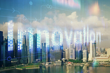Fototapeta na wymiar Data theme hologram drawing on city view with skyscrapers background multi exposure. Bigdata concept.