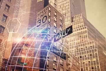 Map and data theme hologram on city view with skyscrapers background double exposure. International technology in business concept.