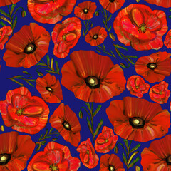 Red poppies seamless pattern on blue background. Wildflower endless backdrop.