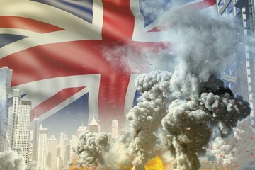 huge smoke pillar with fire in the modern city - concept of industrial blast or terrorist act on United Kingdom (UK) flag background, industrial 3D illustration