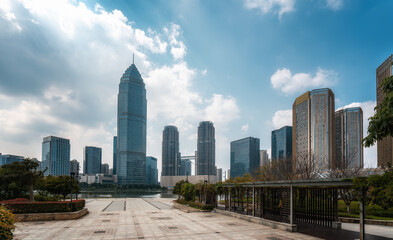 Fototapeta premium Modern city high-rise buildings, night view of Shaoxing Central Business District, China.