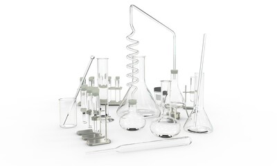 3D illustration of objects - lab test-tubes with various biochemistry glassware empty isolated on white background - college concept background