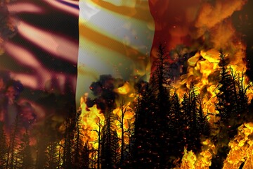 Forest fire natural disaster concept - heavy fire in the trees on France flag background - 3D illustration of nature