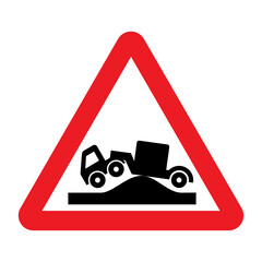 Risk of grounding at level crossing ahead road sign. Vector illustration of red triangle warning traffic sign with truck and hump icon inside. Caution level crossing or hump backed bridge.