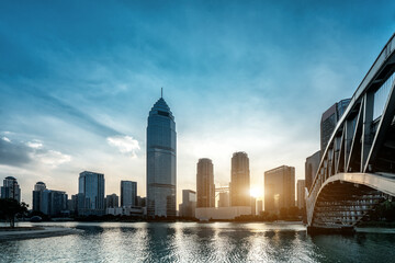 Obraz premium Modern city high-rise buildings, night view of Shaoxing Central Business District, China.