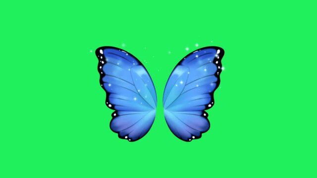 Animation blue fantasy style butterfly wings on green background.