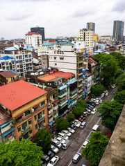 Fototapeta premium High angle view of old buildings in Yangon, Myanmar