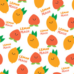 Seamless pattern with cartoon lemon and peach. for fabric print, textile, gift wrapping paper. colorful vector for kids, flat style