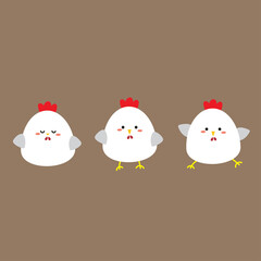 Cute three chicken with different expression. simple vector for kids, sticker, logo.