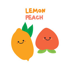 cute cartoon of lemon and peach fruit, character for kids. simple vector