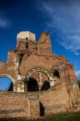 Fototapeta na wymiar Abandoned church with old and beautiful architectural design, popular tourist attraction. The church looks like a castle from Romania. The history of this church is very interesting.