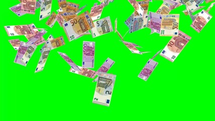 euro banknotes falling drop on green screen