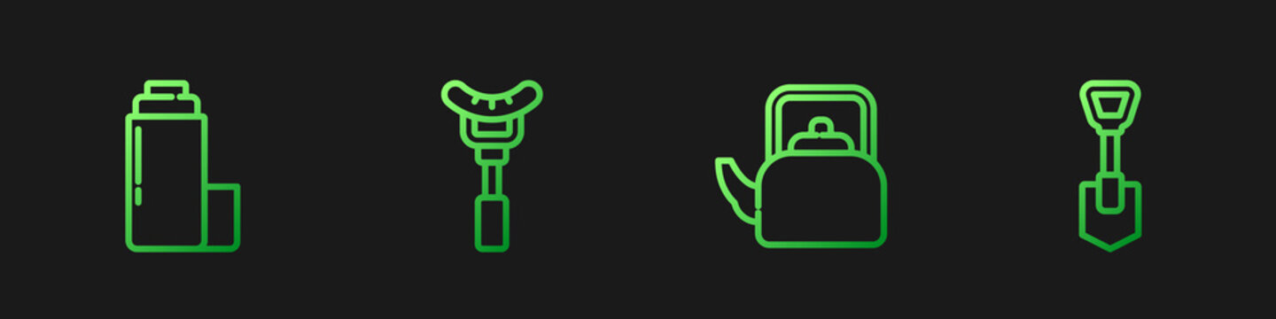 Set Line Kettle With Handle, Thermos Container, Sausage The Fork And Shovel. Gradient Color Icons. Vector.