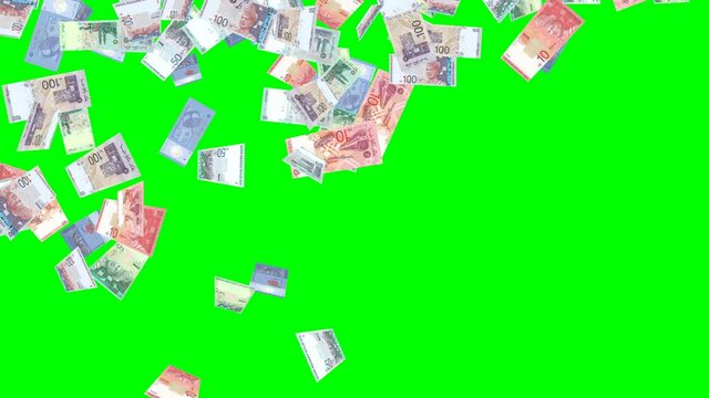 ringgit Malaysia banknotes come as rain falling on green screen background