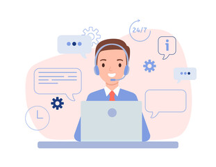 The guy is an operator with headphones and a laptop. Technical support for customers 24-7, phone hotline for business. Vector illustration in flat style.