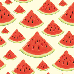 Fruit seamless pattern with red sweet watermelon slices. Vector background with the juicy watermelon, suitable for wallpaper, wrapping paper, textile, fabric, summer design