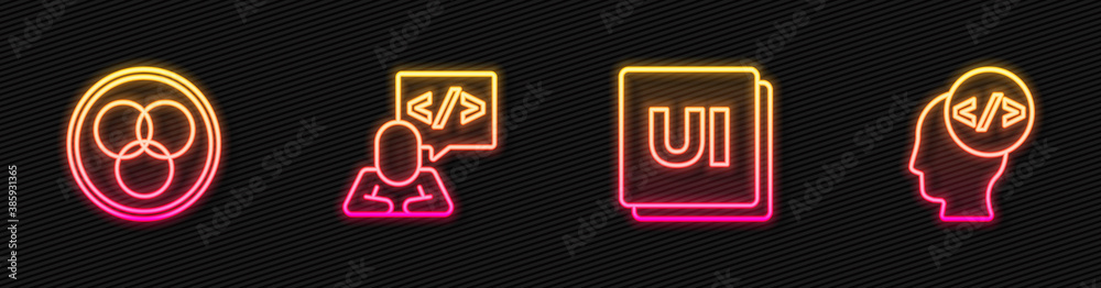 Wall mural set line ui or ux design, rgb and cmyk color mixing, front end development and . glowing neon icon. 