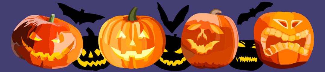Images for Halloween with three-dimensional pumpkins and their silhouettes and bats .