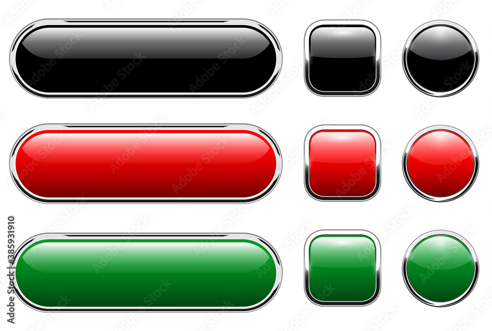Poster Shiny buttons set, glossy isolated icons with metallic chrome elements black red green, vector illustration.