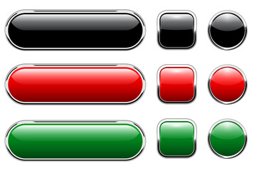 Shiny buttons set, glossy isolated icons with metallic chrome elements black red green, vector illustration.