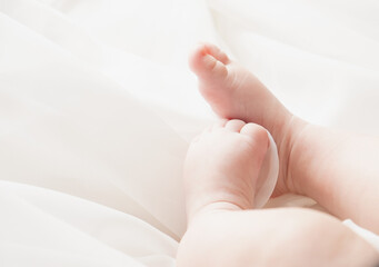 Obraz na płótnie Canvas Feet of a newborn baby on an airy white background. Close-up.