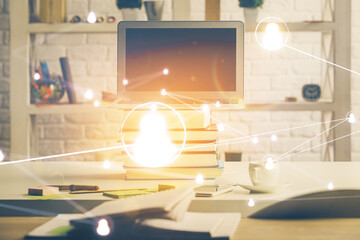 Computer on desktop with social network hologram. Multi exposure. Concept of international people connections.