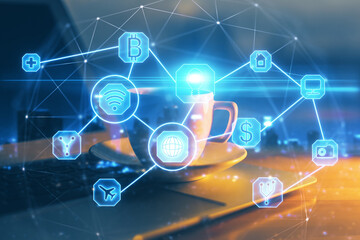Computer on desktop with social network hologram. Multi exposure. Concept of international people connections.
