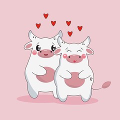 bull and cow love , cute bull in kawaii style, cartoon style ,favorite couple ,Valentine's day,love card Wallpaper