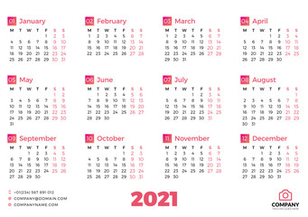 Fototapeta na wymiar Simple calendar template for 2021 year. Week starts on Monday. Vector illustration