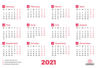 Simple calendar template for 2021 year. Week starts on Monday. Vector illustration