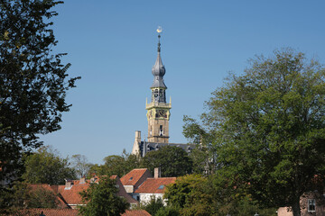 Obraz premium Veere, in the region of Walcheren in the province of Zeeland, Netherlands, tower of gothic town hall building