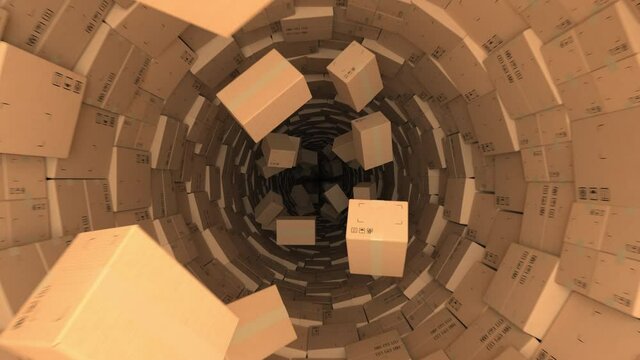 Many flying cartons, seamless 3d animation. Express delivery concept