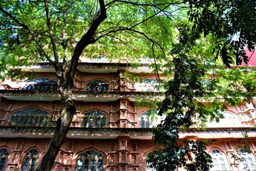 Building with green trees at Dhanmondi lake in Dhaka. 