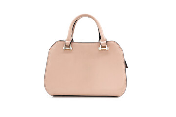 A woman's pale pink handbag on a white background.