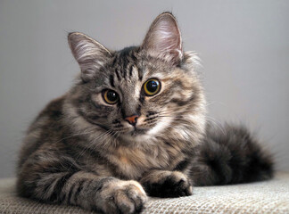 Plakat Portrait of a Norwegian forest cat on a light background. The kitten is five months old.