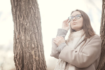 autumn girl glasses / autumn look girl in transparent glasses, eyesight