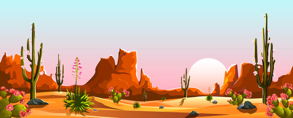 Desert cactus bloom sun mountains. Mexican desert. Blooming cacti. The mountains. Sunset. Landscape. Saguaro cactus.  © Oleg Lytvynenko