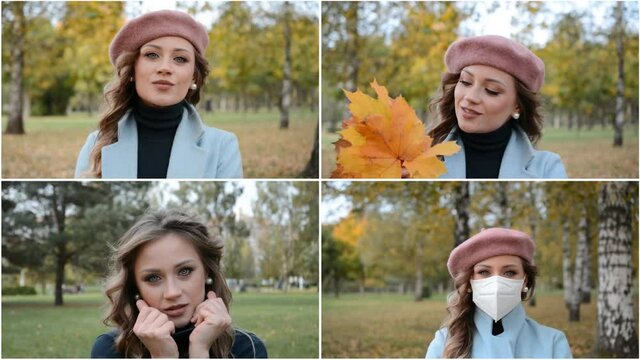 Video collage of a portrait of a beautiful elegant girl in an autumn park and in a protective mask