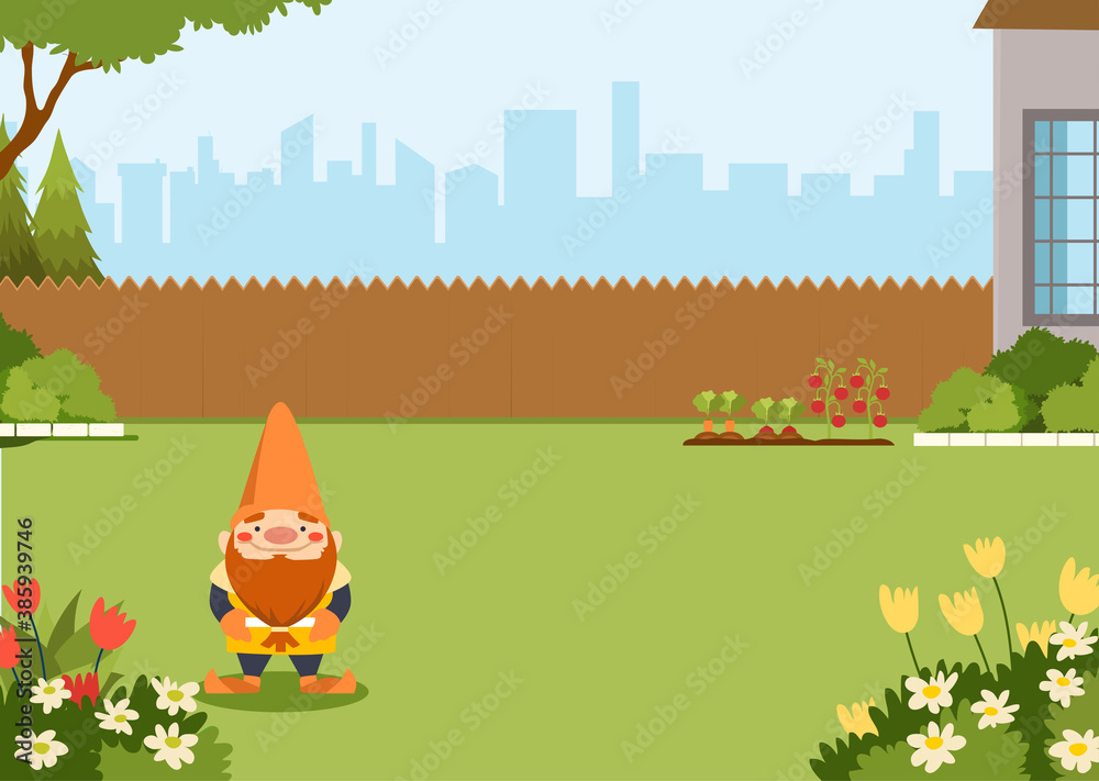 Wall mural backyard flat illustration with gnome statue standing at the front