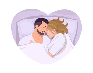 Flat sleeping couple. Man & woman lying on bed. Vector illustrtion