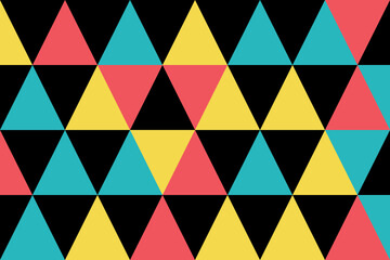 Seamless, abstract background pattern made with colorful triangle shapes. Modern, simple, fun and playful vector art in blue, yellow, red and black colors.