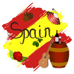 Illustration of Spain as country and flag with rose, olive, barrel, wine and guitar