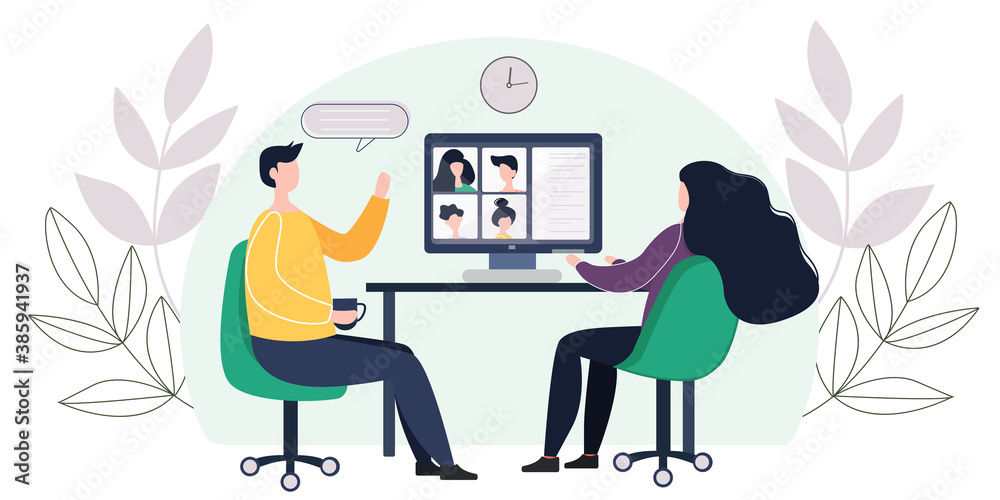 Wall mural laptop concept with illustration of a two people participating in a video conference with an applica