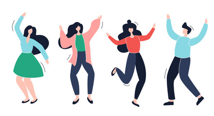 Group of young happy dancers or men and women isolated on a white background. dancing people. Colorful vector illustration in flat cartoon style.