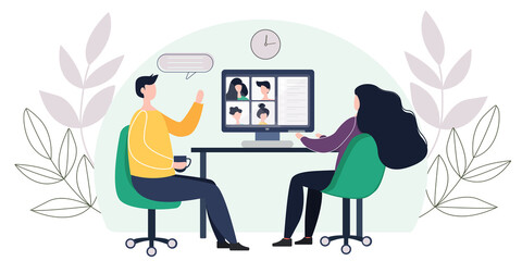 Laptop concept with illustration of a two people participating in a video conference with an application, video calls of men and women together. vector illustration in flat style