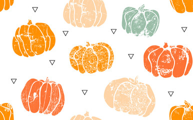 Autumn Abstract Pattern with hand drawn Grunge Pumpkins and Black Triangles on a White Background. Vector illustration. Can be used as a print, texture or cover element for any of your design work.