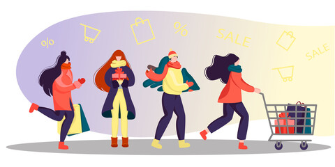 people rush to buy gifts for the holiday. shopping Promotion of special store offers. Markdown program. Vector illustration in flat style