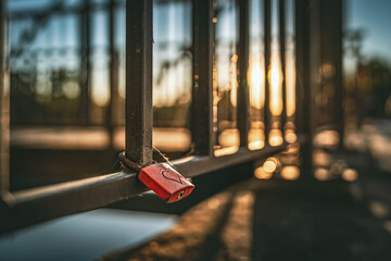 red and rusty metal padlock with an engraved heart hangs on a bridge railing which is flooded with...