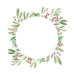 Fototapeta na wymiar Watercolor Christmas wreath with green twigs, spruce and red berries on a white background. Place for text, festive frame for cards, posters, congratulations.