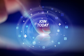 Finger touching tablet with social media icons and JOIN TODAY